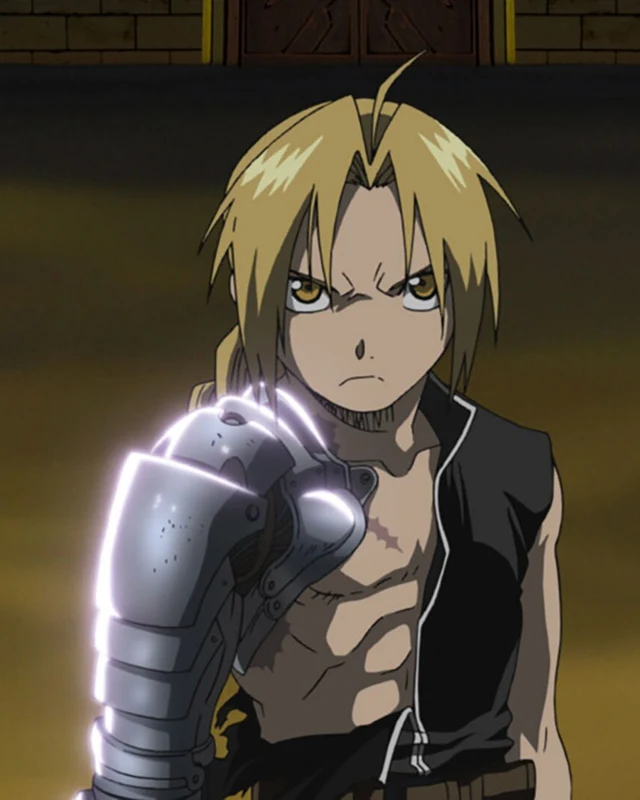 Edward extends his shining mechanical arm in a dark interior.