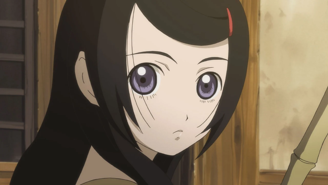 Miyako Komagusu looks to one side, with large purple eyes and long dark hair.