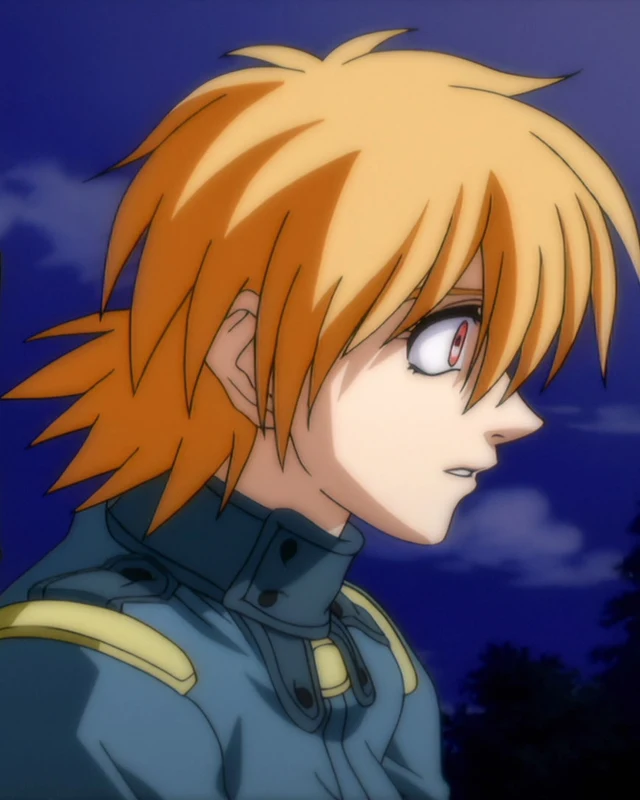 A young woman in a blue uniform looks to one side at night.