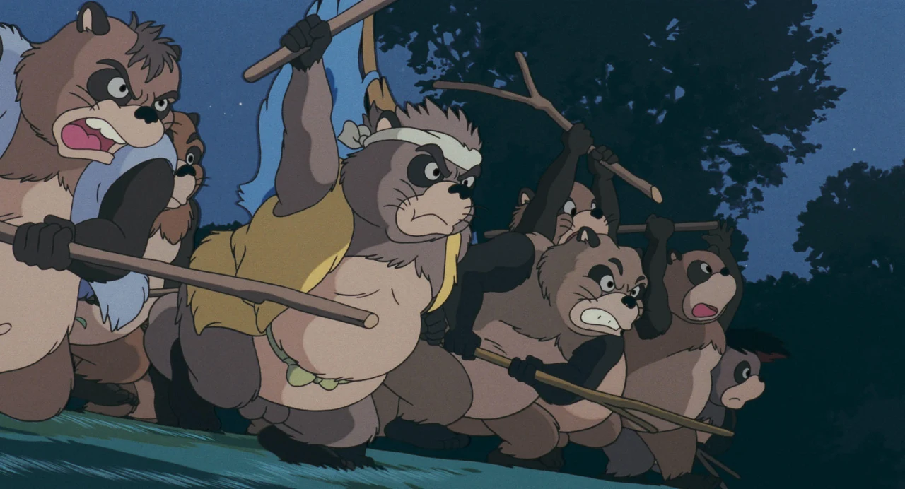 A group of tanuki gathers with sticks and improvised weapons.