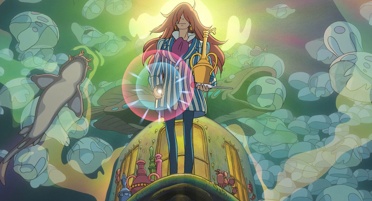 A red-haired man stands among transparent globes, fish and a small underwater craft.