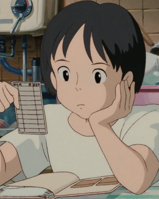 Shizuku rests her cheek on her hand over a bowl and an open book.