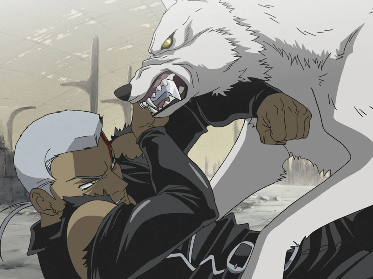 A white wolf lunges towards an armed man at close quarters.