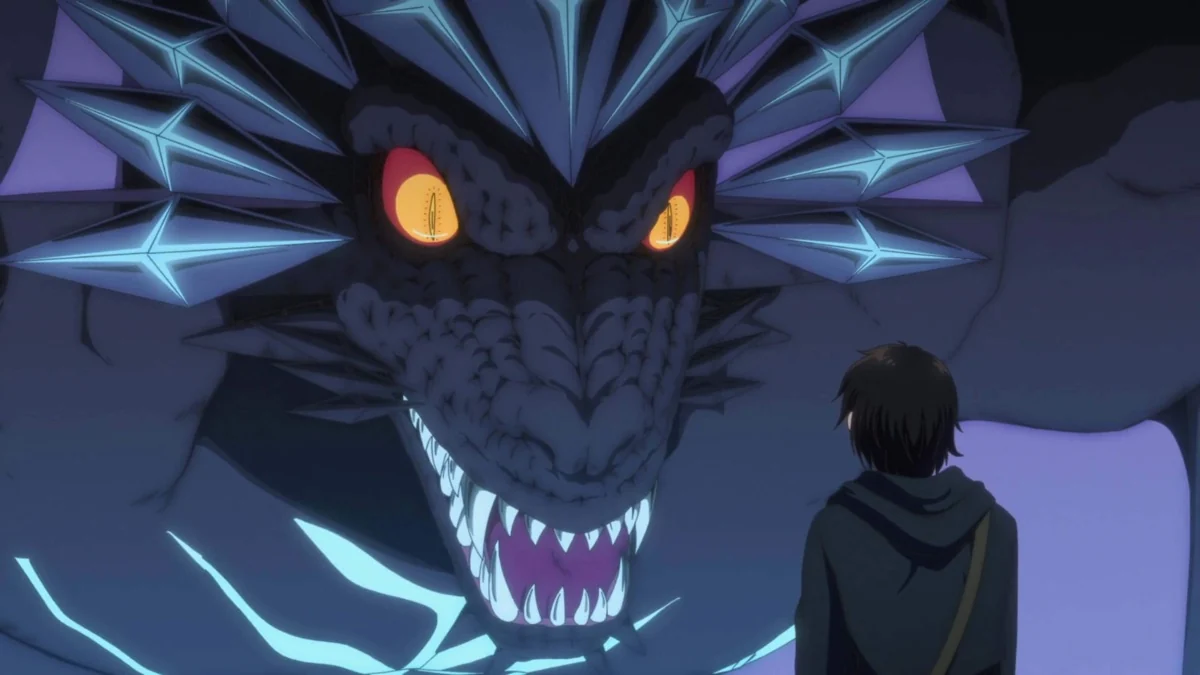 A hooded Takeru faces a large dragon with glowing orange eyes.