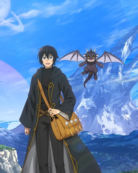 Takeru stands beside a small flying dragon against a mountain landscape.