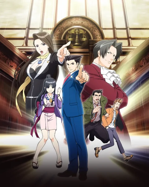 Phoenix Wright and the courtroom cast stand against a pale background.