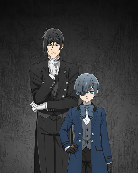 Sebastian stands behind Ciel Phantomhive against a grey background.