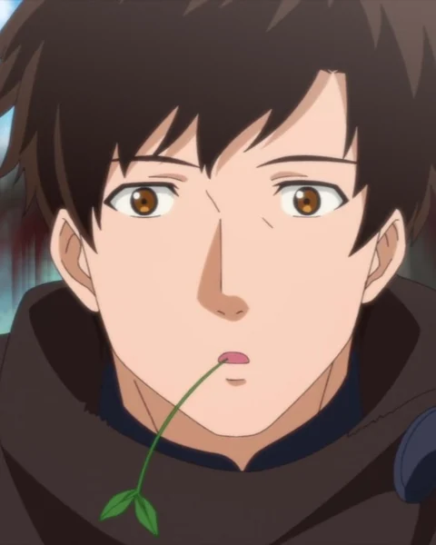Dariel holds a plant stem between his lips outdoors.