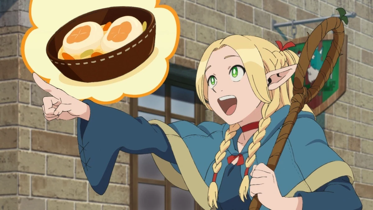 Marcille gestures toward an imagined bowl of food while holding her staff.