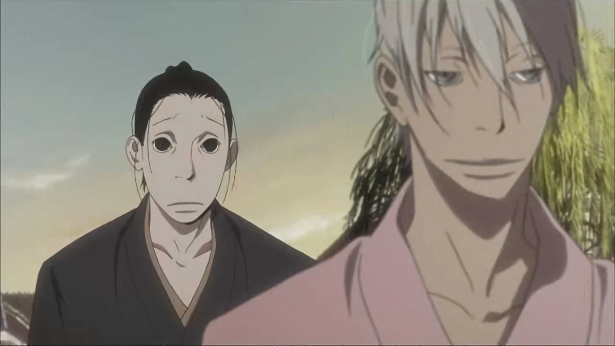 Masanosuke and Yaichi stand together, one uneasy and the other smiling.