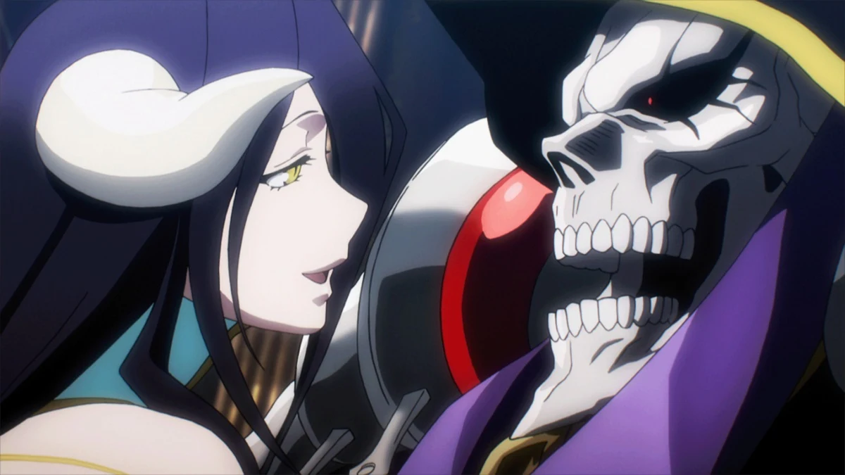 A dark-haired woman in white looks toward the skeletal ruler beside her.