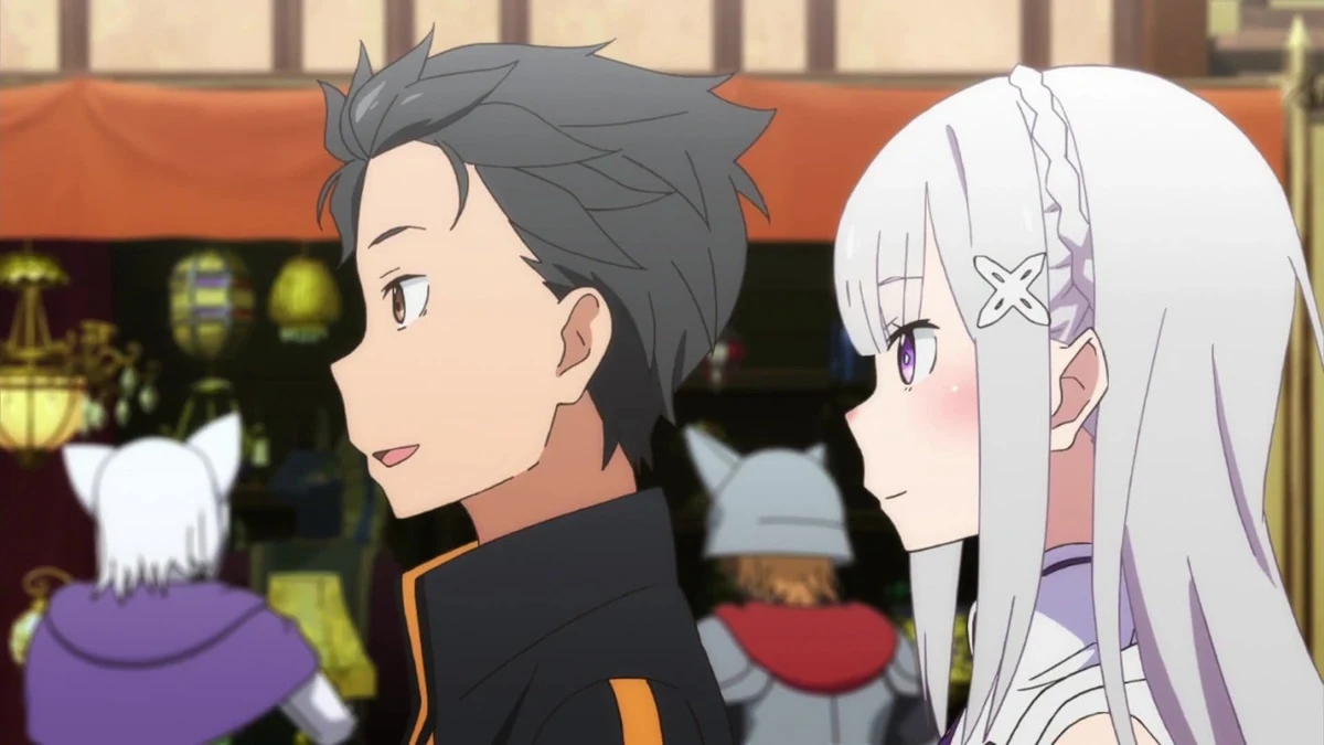 Subaru and a silver-haired young woman walk through a busy street.