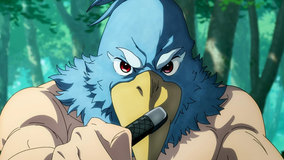 Sunraku’s blue bird mask fills the frame as he grips a weapon.