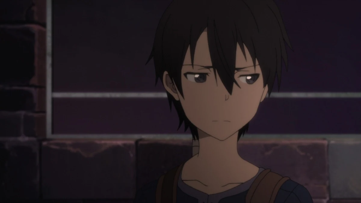 Kirito looks ahead in dark clothing inside a dim room.