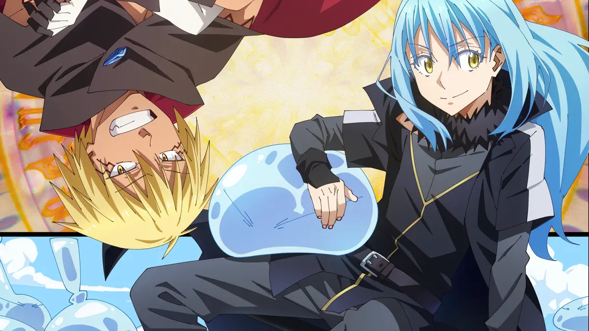 Blue-haired Rimuru sits beside a blue slime while another figure appears upside down behind them.