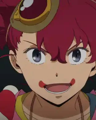 Appare smiles beneath brass goggles, with red and white hair.