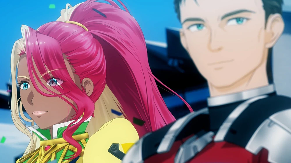 Two drivers with pink and dark hair wear brightly coloured racing suits.