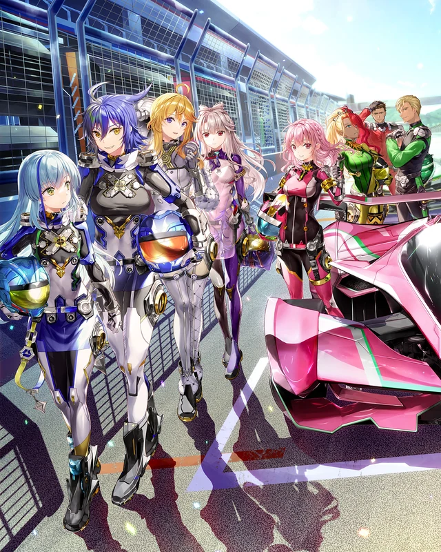 The NEX Race cast and a pink racing car stand beside the pit lane.