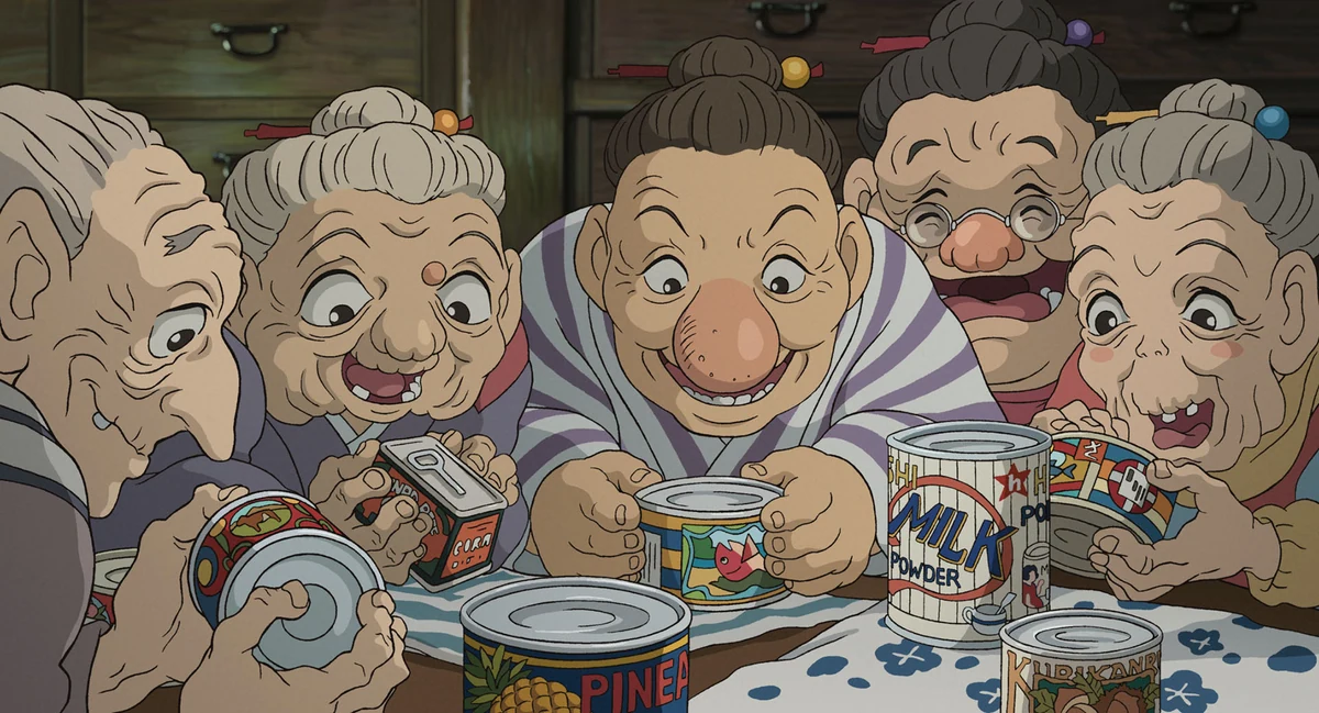 The elderly maids crowd around a table of tins and other supplies.