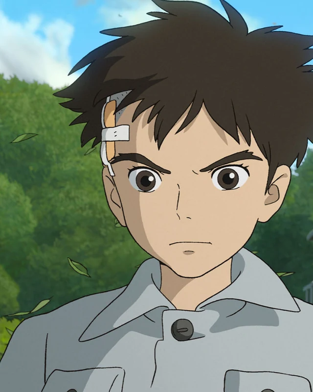 Mahito stands outside his new country home with a bandage on his forehead.