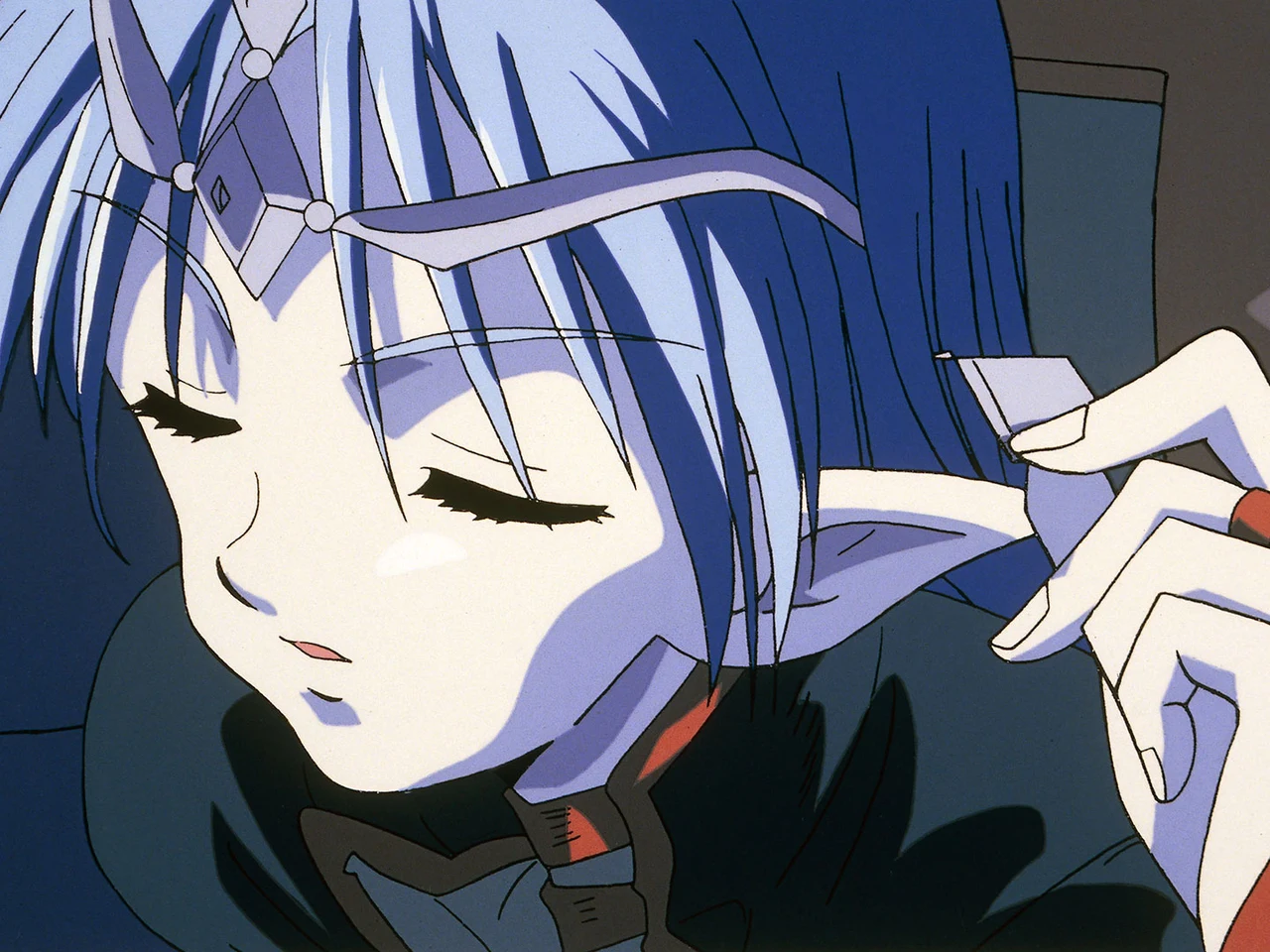 Blue-haired Lafiel closes her eyes with one hand raised beside her head.