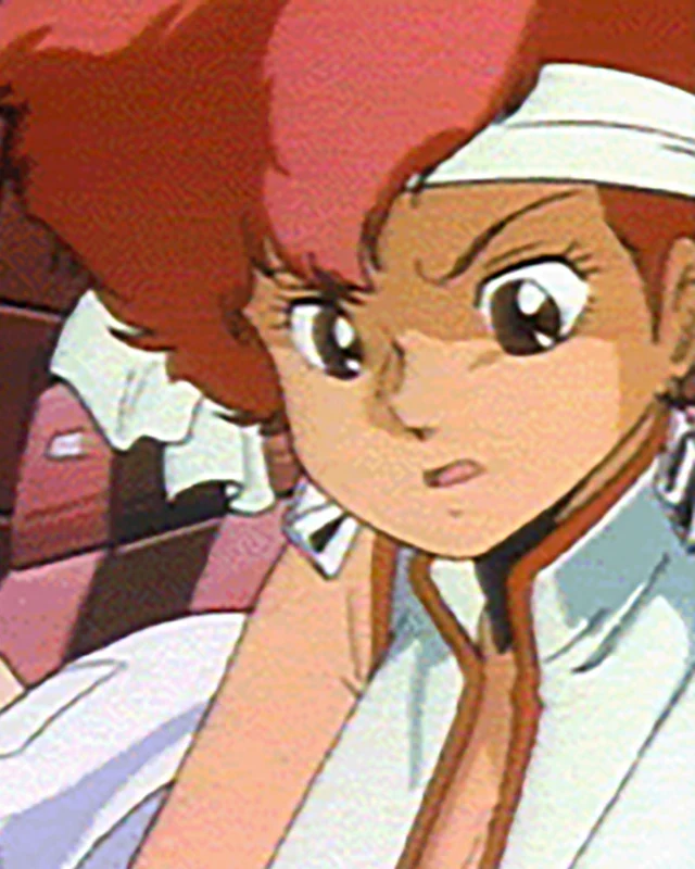 Red-haired Kei looks ahead from a spacecraft interior.