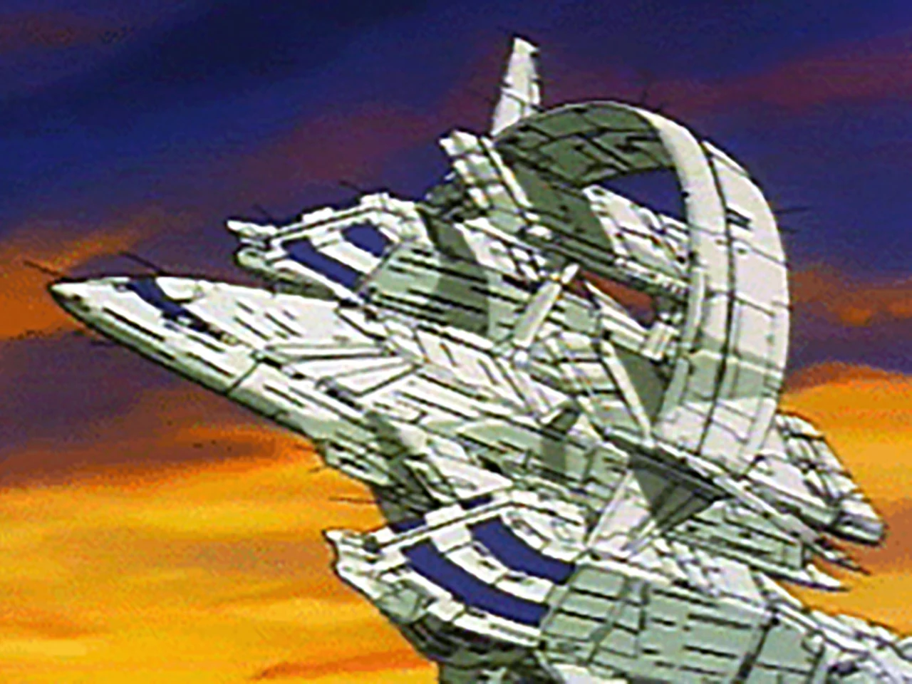 A huge, intricately built space structure appears against an orange and purple sky.
