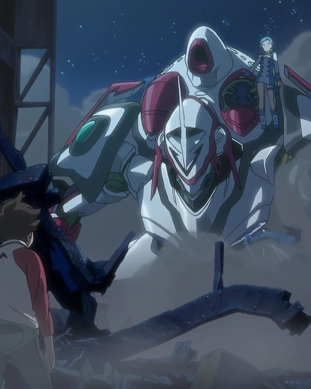 Nirvash crouches in a dark industrial building.