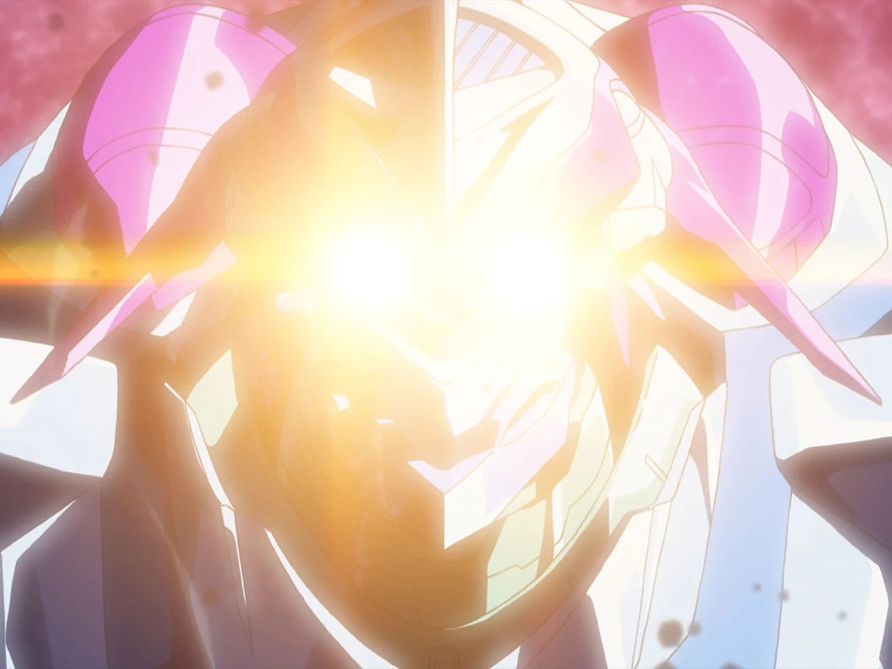 Bright light shines across the white and red armour of Nirvash.