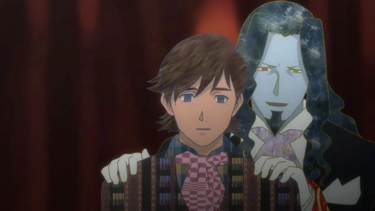 Albert stands in elaborate patterned clothes with the Count behind him.