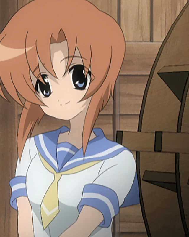 Rena smiles in her school uniform beside a wooden building.