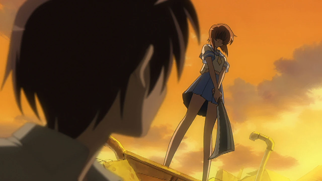 Rena stands above Keiichi among discarded objects, holding a cleaver against an orange sky.