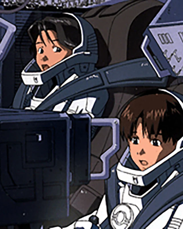 A young person in a spacesuit sits among cockpit controls.