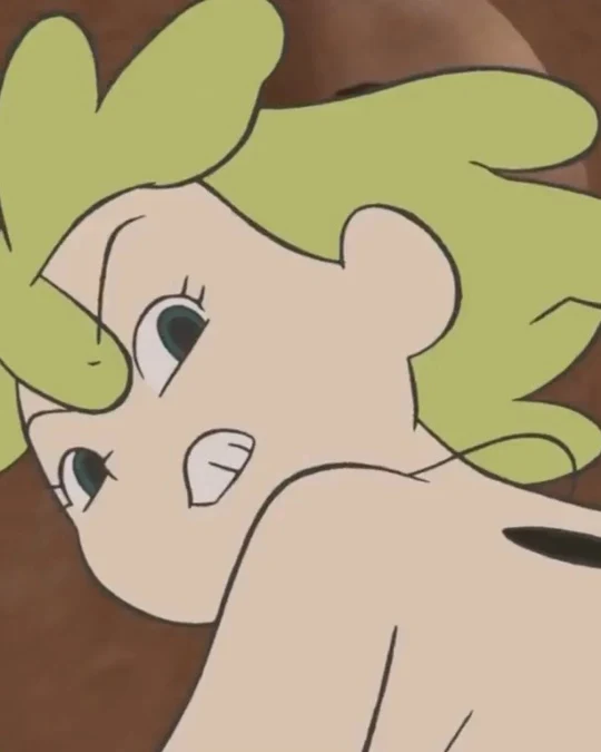 A pale, green-haired figure turns to look over his shoulder.