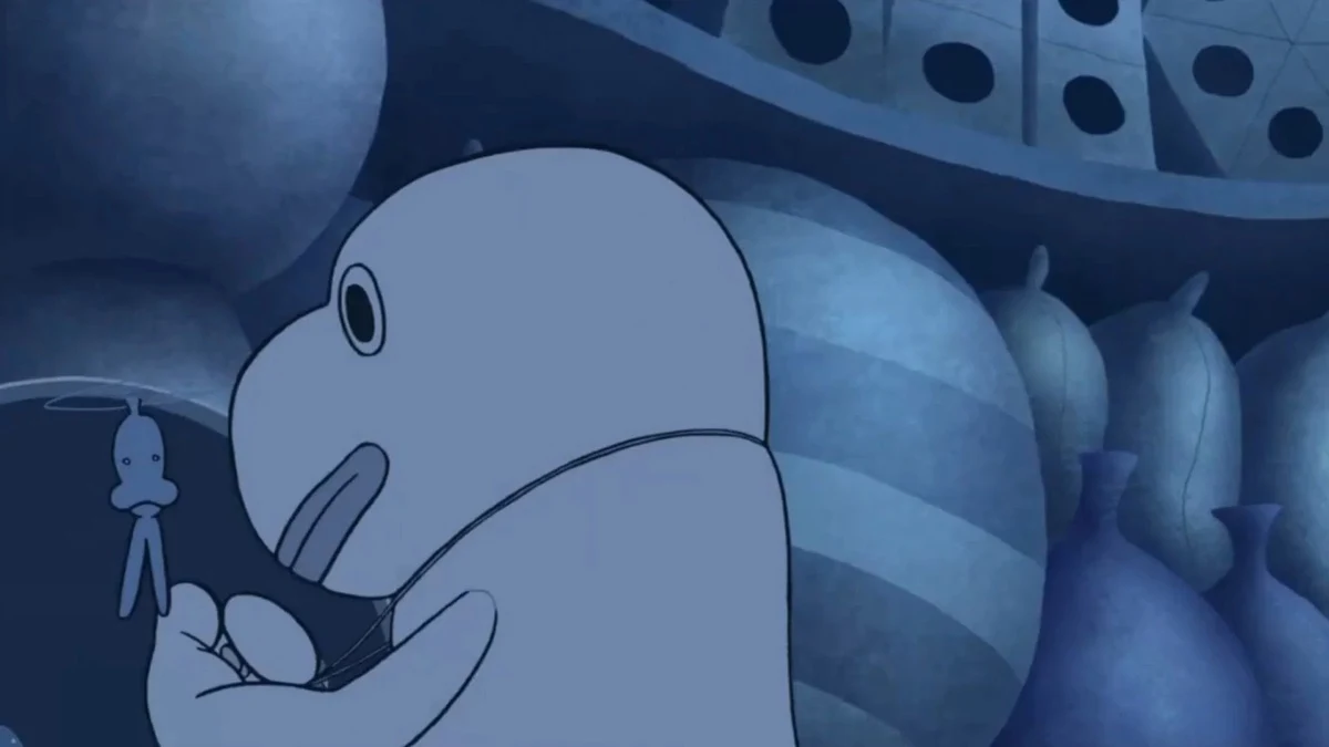 A rounded hippo-shaped body stands in a dark blue interior.