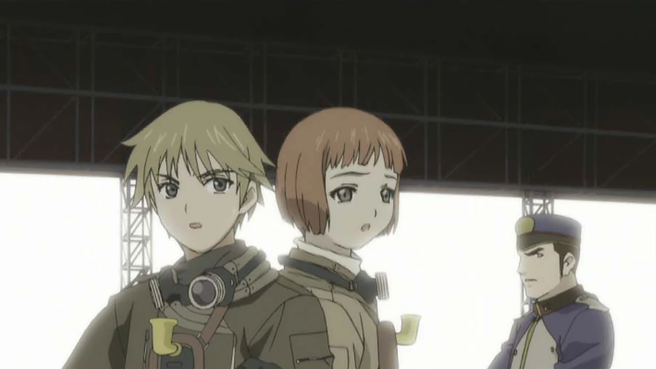 Claus and Lavie turn towards a uniformed man in a large hangar.