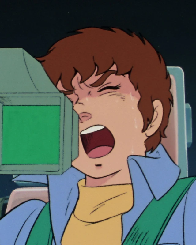 Amuro cries out beside a cockpit monitor.