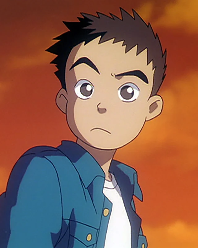 Shu looks ahead in a blue jacket beneath an orange evening sky.