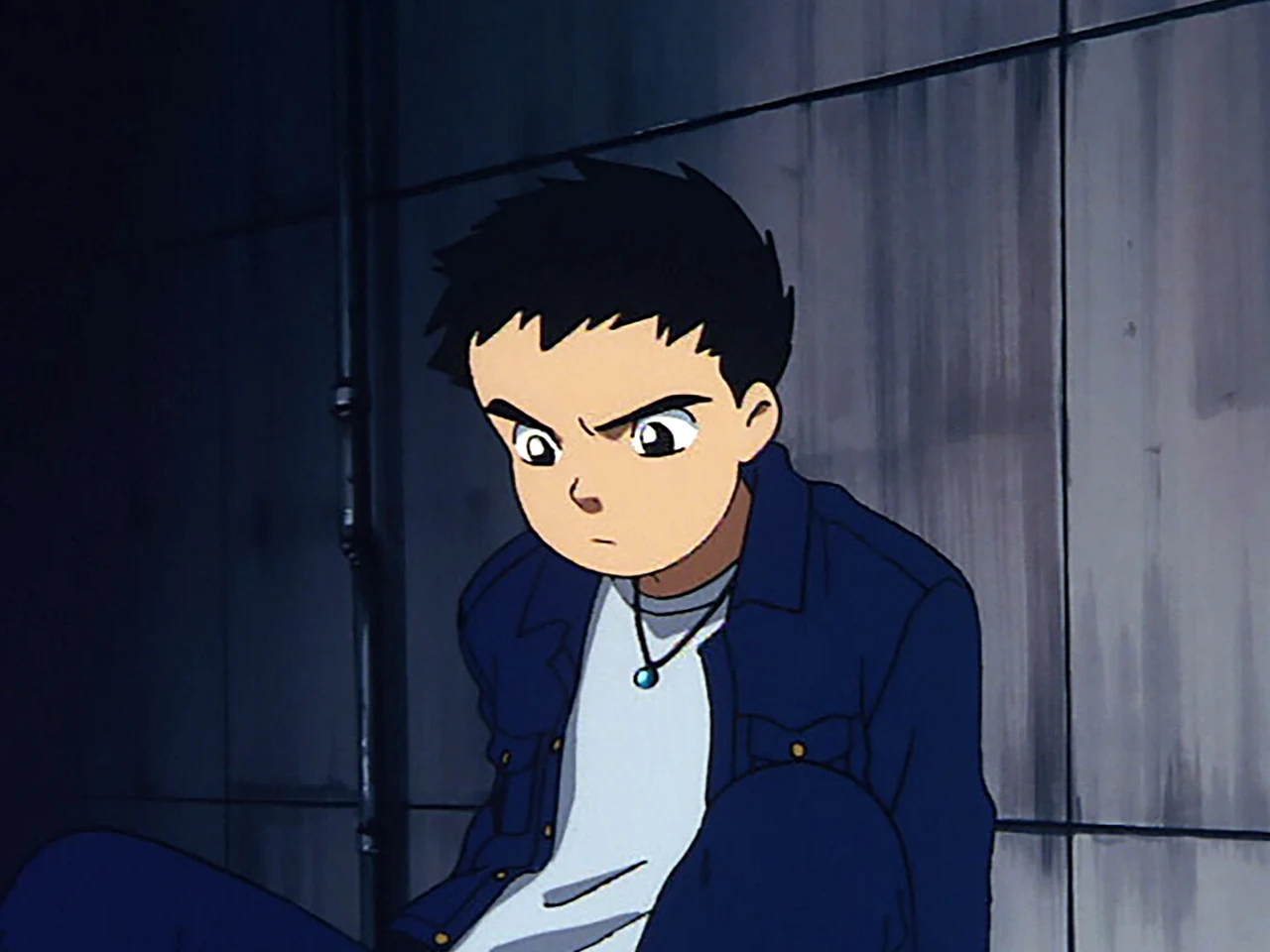 Shu sits against a dark metal doorway with a worried expression.