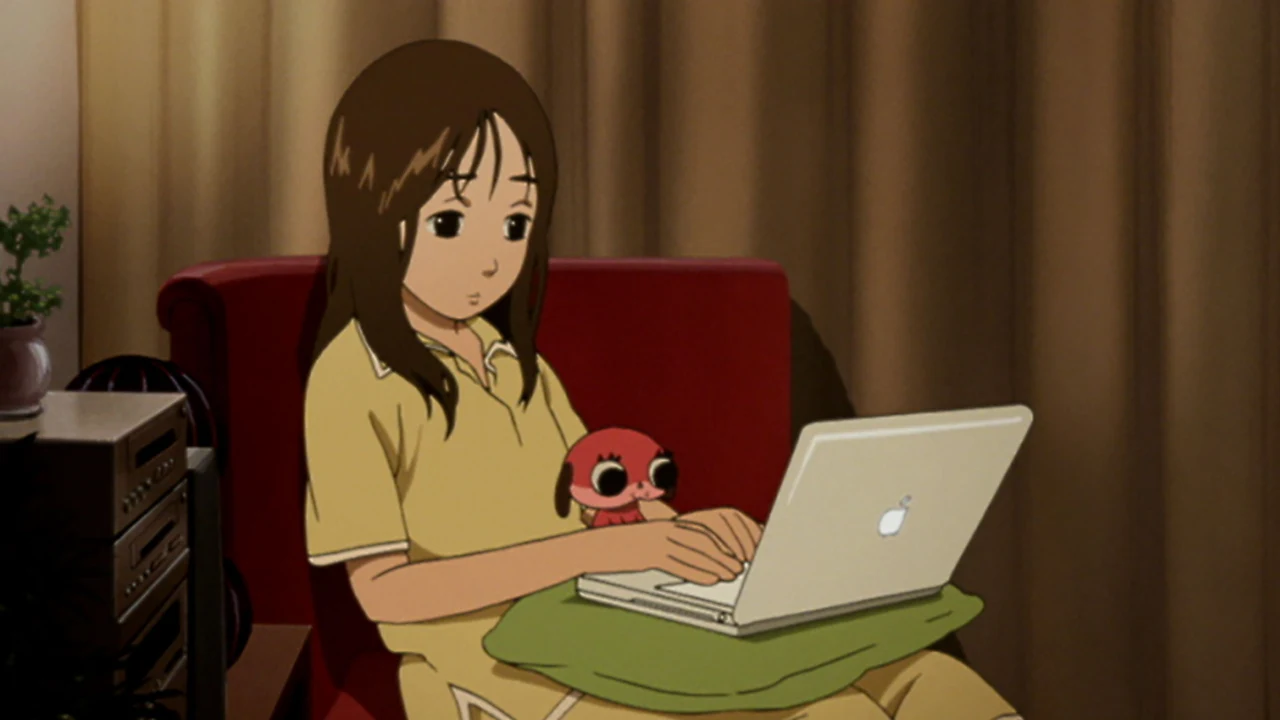 Tsukiko works at her laptop with a pink Maromi toy beside her.