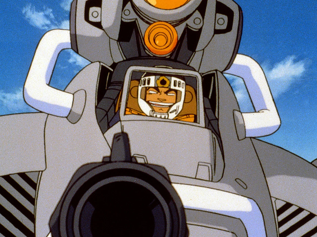 A pilot appears in the open cockpit of a large police machine.