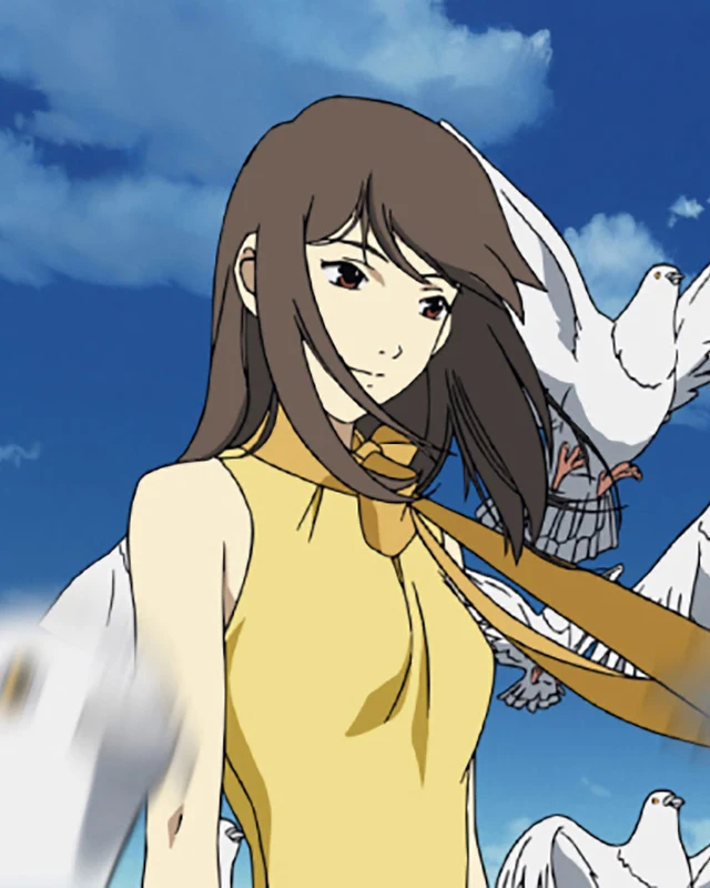 A girl in a yellow dress stands beneath a blue sky with white birds.