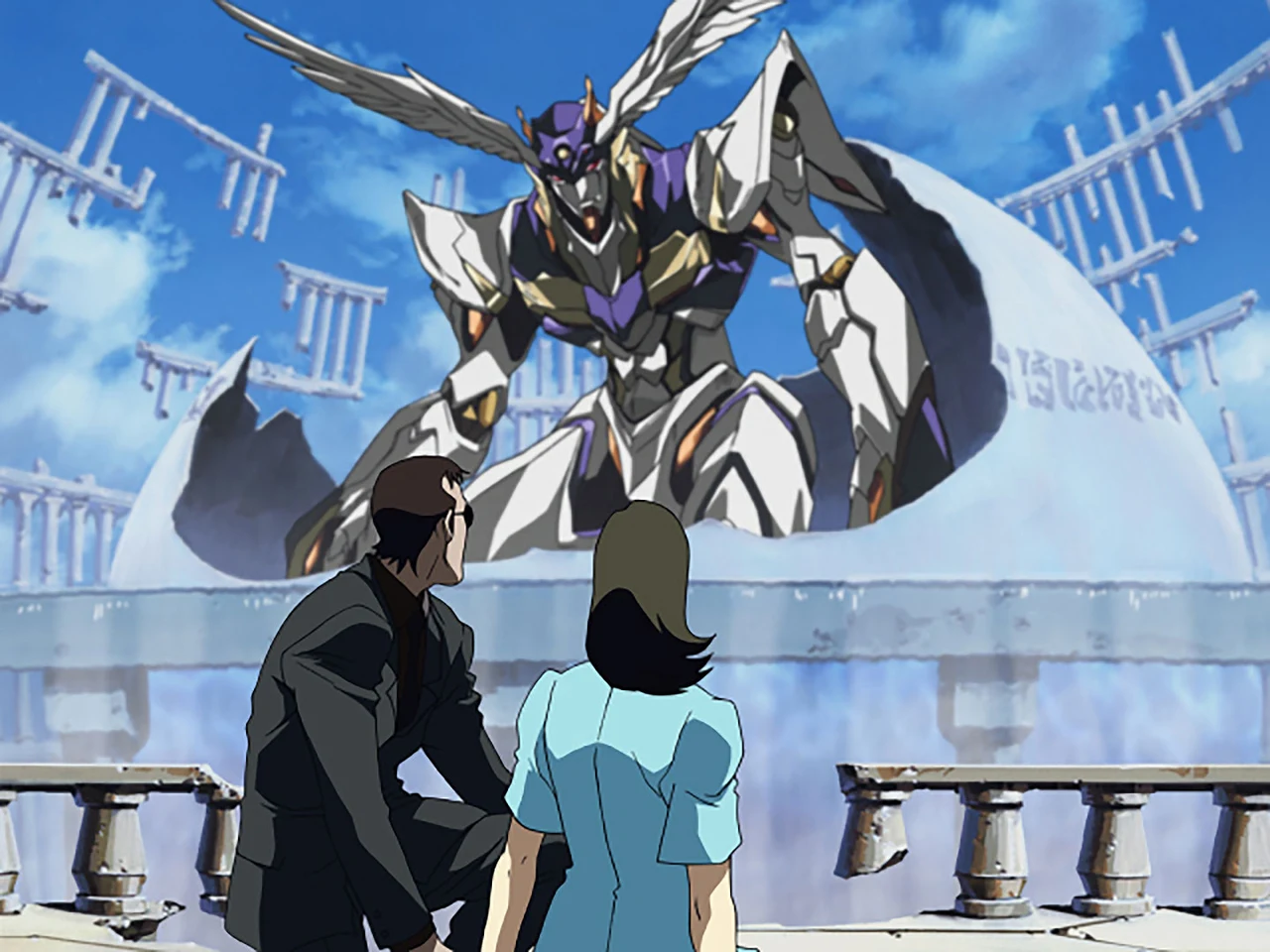 Two people stand below the huge RahXephon in a white chamber.