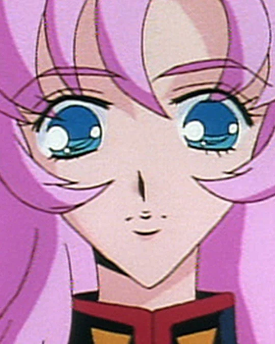 Pink-haired Utena looks ahead in a dark uniform.