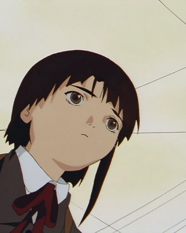 Lain looks upward beneath a pale sky crossed by cables.