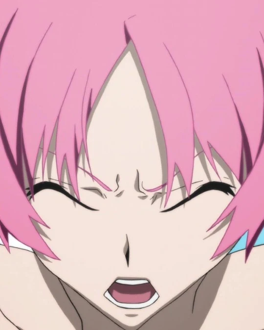 A pink-haired girl closes her eyes and opens her mouth.