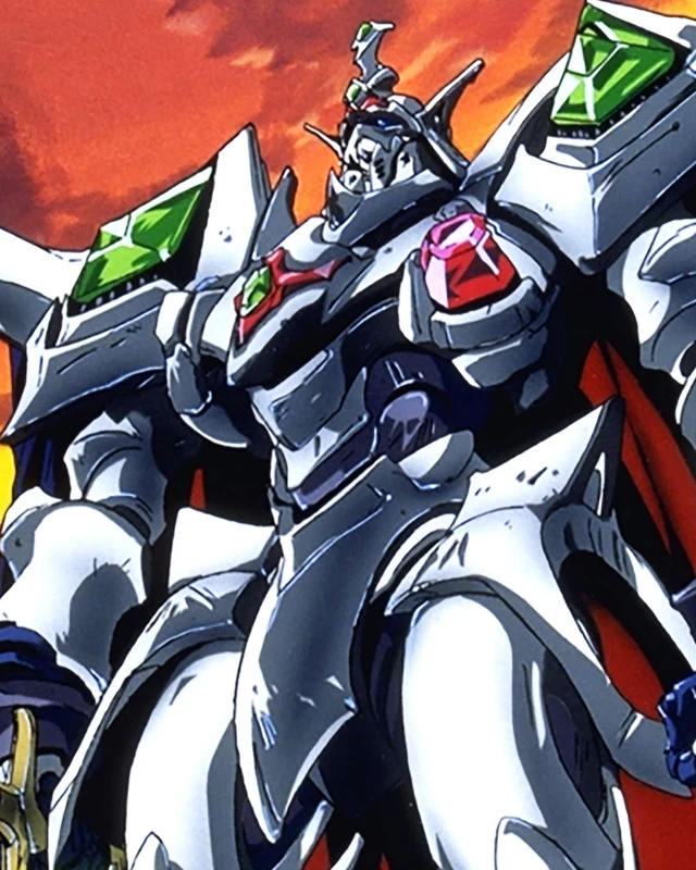 The white armoured Escaflowne stands against a red sky.