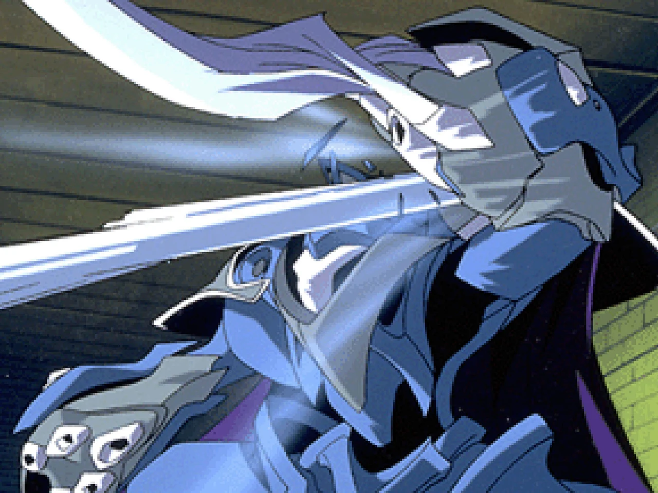 An angular white and blue mechanical head fills the frame.