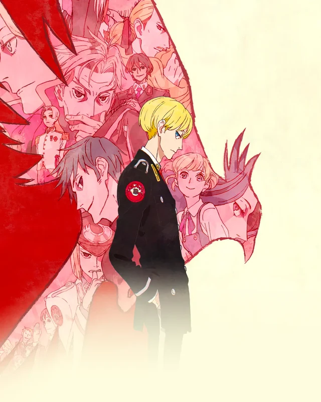 Jean stands beside red illustrations of other characters.