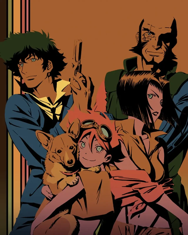 The Bebop crew and their dog gather against an orange background.